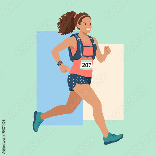 A sporty woman running energetically in a race, showcasing determination and fitness, equipped with a number bib and hiking gear in a dynamic, vibrant illustration style.