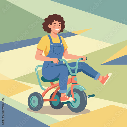 A cheerful child rides a colorful tricycle on a playful path, representing the innocence and joy of childhood through playful exploration and movement in a joyful environment.
