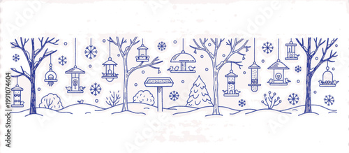 Winter garden with bird feeders and snow line art border. Hand drawn seasonal nature vector illustration isolated on transparent background