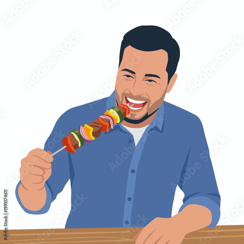A man joyfully savors a colorful skewer of grilled meat and vegetables, showcasing a vibrant culinary experience that highlights delicious flavors and outdoor dining joy.