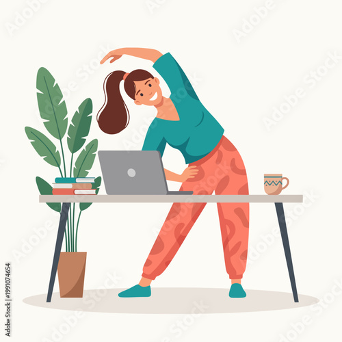 A lively woman stretching beside her desk while working, promoting the importance of incorporating movement into daily routines for enhanced productivity and well-being.