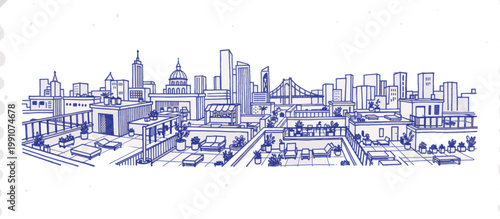Rooftop terrace and city skyline panoramic view. Architectural line art sketch illustration. Vector graphic isolated on transparent background