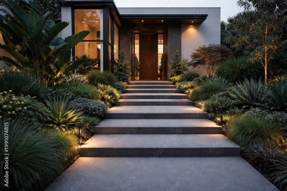 Obraz premium Upgraded modern home entry showcasing gray plaster steps amid dense landscaping