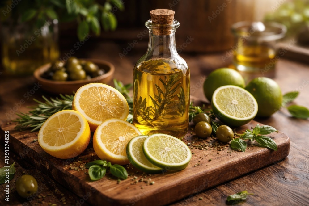 Fototapeta premium Fresh olive oil bottle near sliced lemon and lime on wooden chopping board