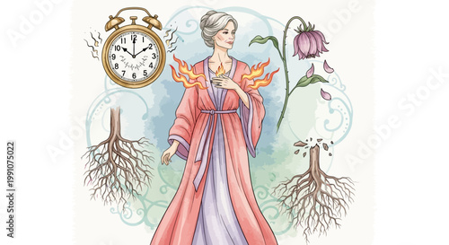 Woman Holding Flower with Clock Roots.