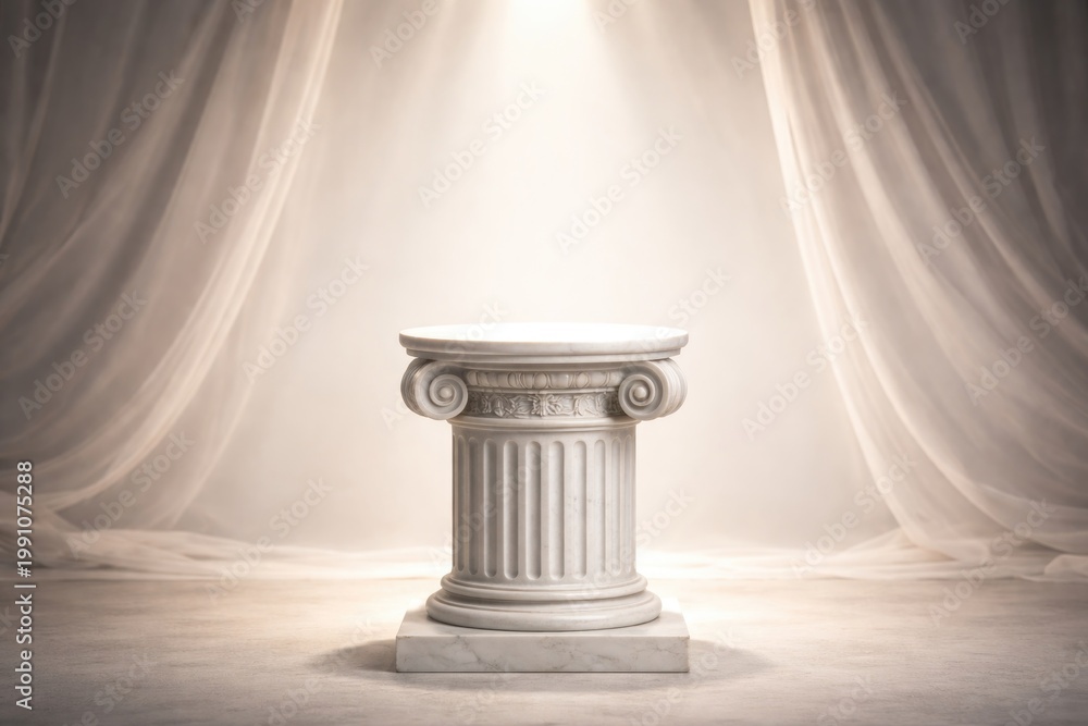 Fototapeta premium Showcase stand shaped like ionic pillar with light backdrop and copy space for item promotion artwork