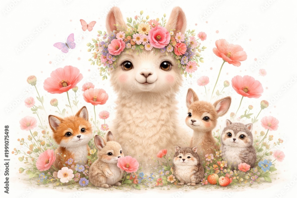 Naklejka premium Whimsical artistic depiction of a flower crowned llama in a childlike motif surrounded by wild creatures on a white backdrop with soft pink poppies