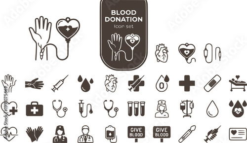 Blood Donation Icon Set Human Hand Intravenous Catheter Draining Blood Heart-Shaped Donor Bag Medical Procedure Transfusion Vector Illustration