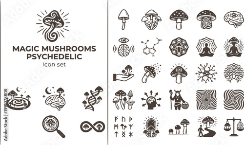 Magic Mushrooms Psychedelic Icon Set Hallucinogenic Fungi Psilocybin Psychoactive Mushroom Varieties Consciousness Exploration Natural Hallucinogen Vector Illustration