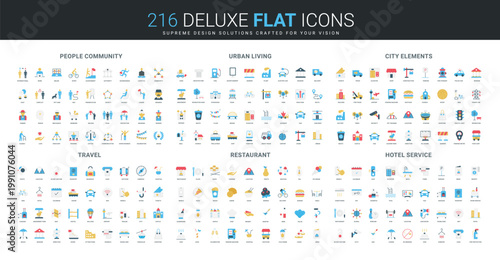 Diverse flat icon set showing people, urban lifestyle, city infrastructure, travel, dining, and hotel services for modern city concepts isolated vector illustration