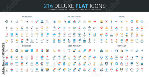 Comprehensive flat icon set covering person identification, visa passport, medals, business, user account, and contact concepts, designed for modern digital interfaces isolated vector illustration