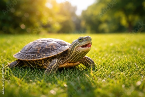 Cheerful pet terrapin exploring vibrant grass lawn full length summer afternoon copy space