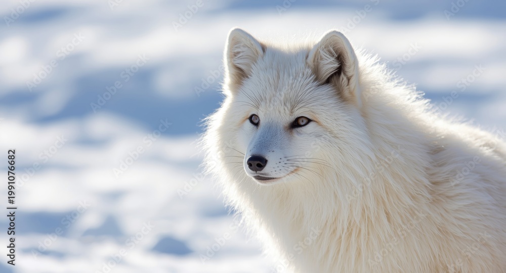 Fototapeta premium Thick pearly white winter fur of Arctic fox under sunlight