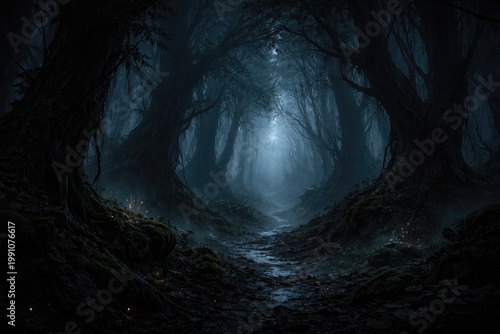 Dark fantasy forest at nigh...