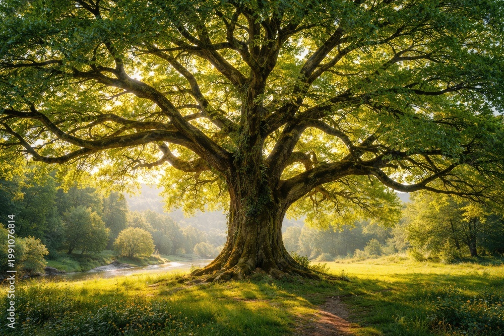 Fototapeta premium Vibrant tree with dense green leaves and sprawling branches in a scenic natural environment