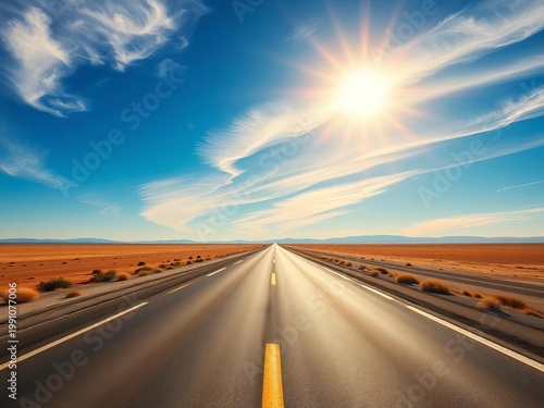 A solitary highway stretches across a sun-drenched plain under a clear summer sky,  transport,  white lines