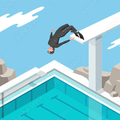 An illustration of a diver standing on a high platform, poised for a dive into a turquoise pool, encapsulating excitement and anticipation associated with aquatic sports.