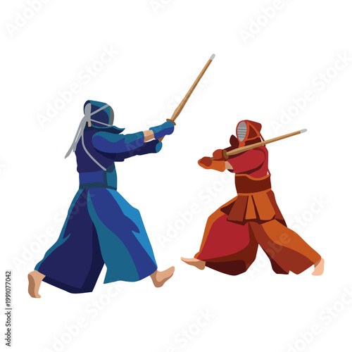 Two fighters, clad in colorful uniforms, engage in a dynamic battle with swords, showcasing martial arts skills and dramatic action.