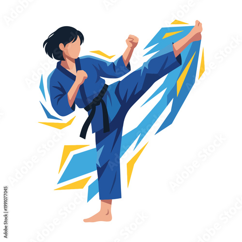 This image illustrates a martial artist executing a high kick while donning a traditional blue uniform, highlighting discipline, strength, and technique in martial arts.