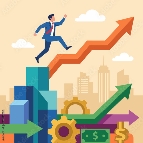 A dynamic illustration shows a businessman leaping over bar graphs, representing growth, success, and the pursuit of economic opportunities in a competitive environment.