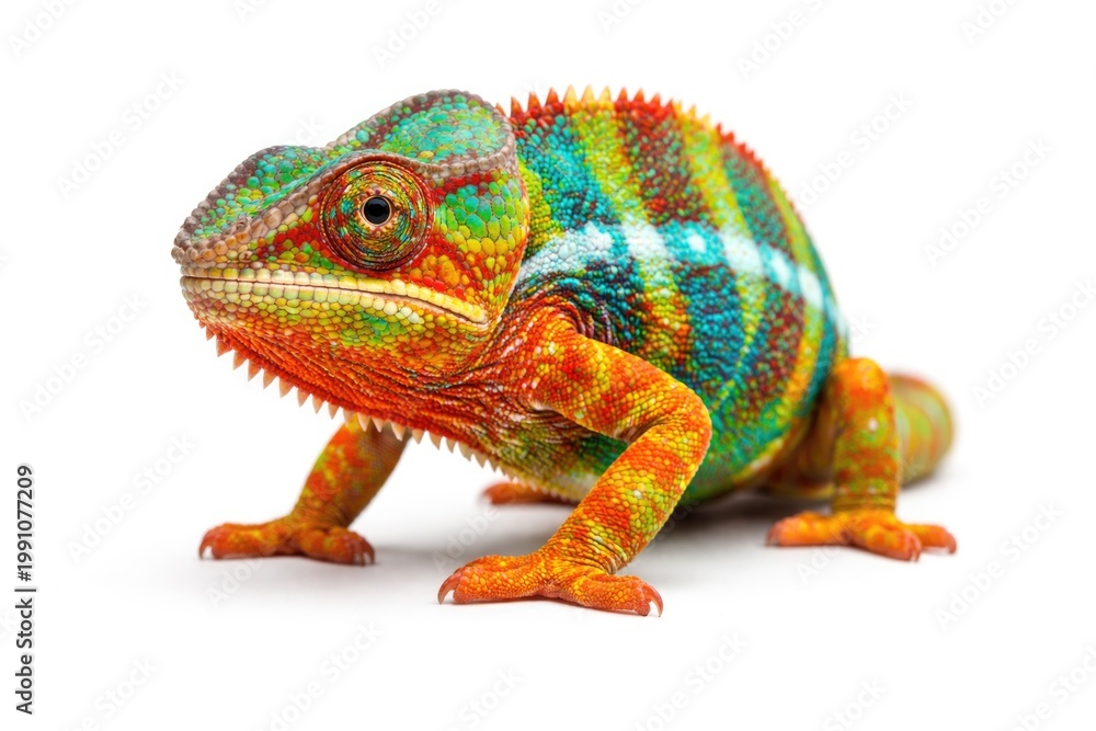 Fototapeta premium Colorful chameleon with vivid tones layered over plain white background