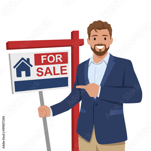 A cheerful real estate agent standing confidently next to a 'For Sale' sign, promoting real estate opportunities and a positive attitude towards home-buying in a professional atmosphere.