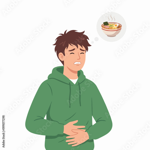 A young man clutches his stomach, appearing unwell as he dreams of a delicious bowl of ramen, highlighting the connection between comfort food and emotional well-being.