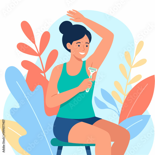 A light-hearted woman comfortably shaving her underarm, portraying the essence of self-care and body positivity in a colorful, nature-inspired setting.
