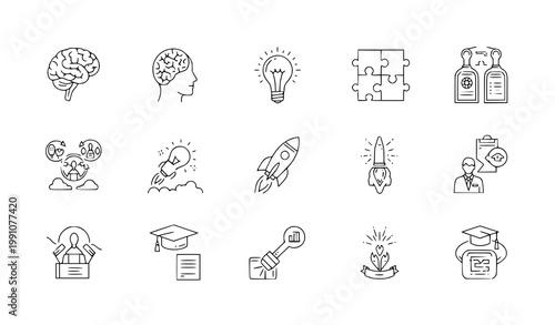 A set of line art icons representing education and innovation concepts