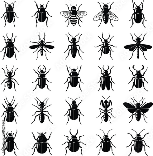 Black silhouette grid of twenty‑five diverse insects including beetles, bees, flies, and ants symbolizing nature, diversity, and entomology