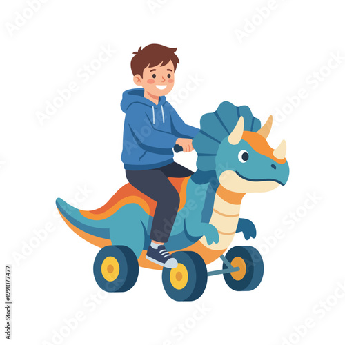 A cheerful boy rides a colorful toy dinosaur, exhibiting joy and imagination as he engages in playful activities and adventures.
