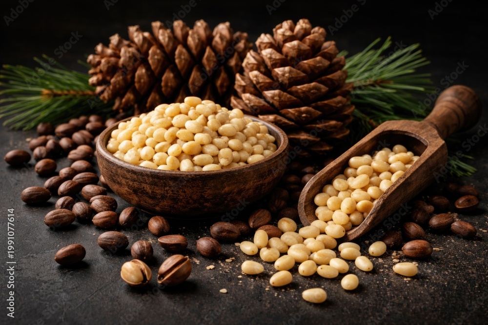 Obraz premium Natural pine nut collection displayed over a dark matte backdrop