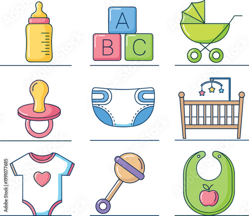 Baby Essentials Icons Set Featuring Bottles, Diapers, Toys, and Nursery Items in Vibrant, Minimalist Design