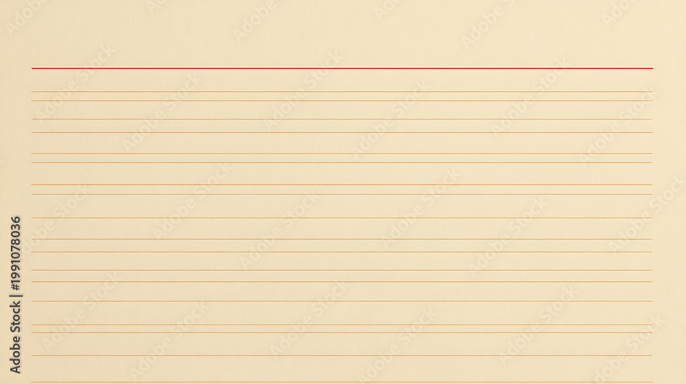 Fototapeta premium Blank yellow paper with horizontal lines and a single red line across the top, ideal for text or graphic overlays on a clean background