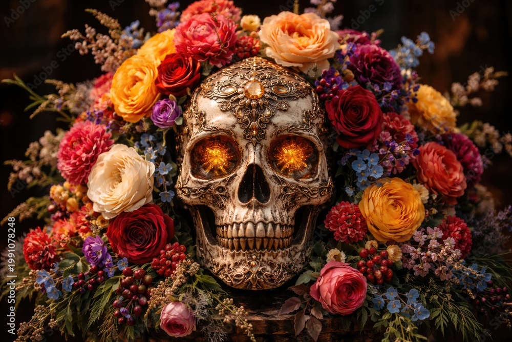 Fototapeta premium ornate skull topped with multicolored blossoms display