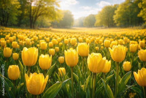 Bright yellow tulip meadow ...