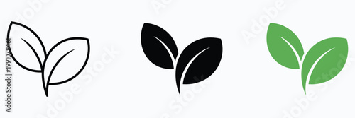 Two Leaves Icon, Green Leaf Symbol for Nature and Organic Concept, Vegetarian and Vegan Label, Eco Friendly Logo, Minimal Clean Vector Illustration Isolated on White Background