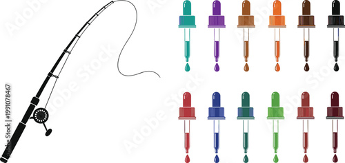 Fishing Rod Icon and Colorful Dropper Bottles Set for Nature, Medicine, and Cosmetics Illustrations in Minimalist Style