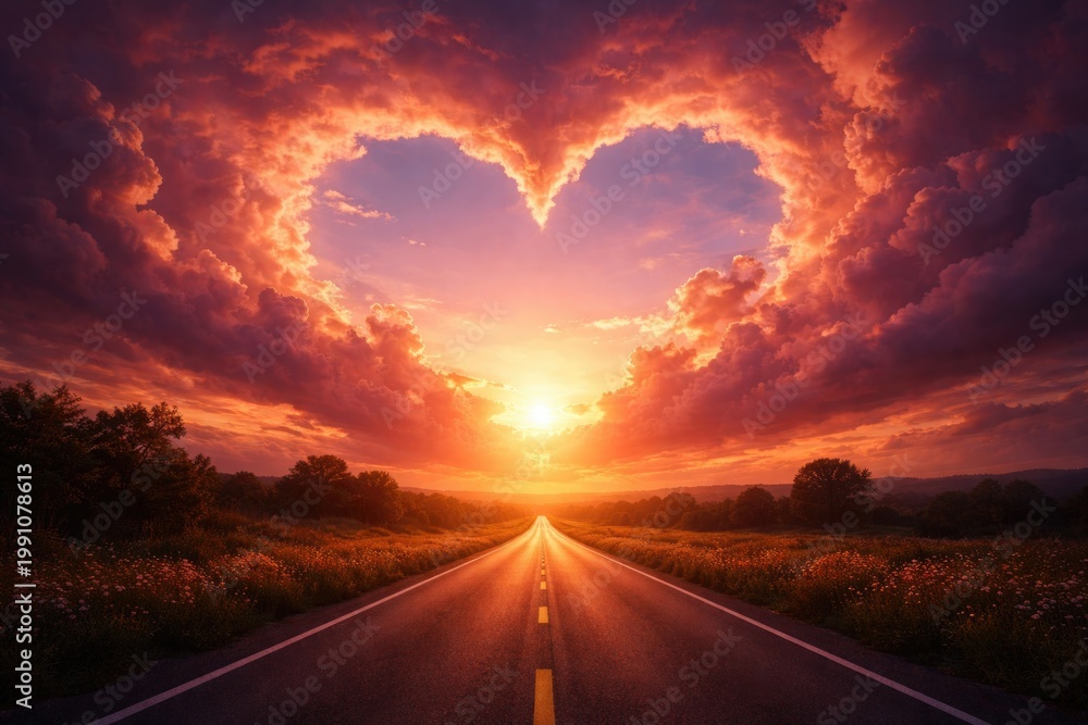 Fototapeta premium Romantic heart shaped sky at sunset with road and clouds background featuring copy space