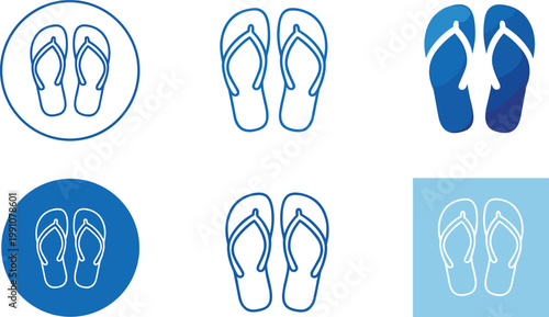 Flip Flops Sandals Icons Set with Beach Footwear Designs in Outline and Filled Styles for Summer, Travel, and Vacation Concepts