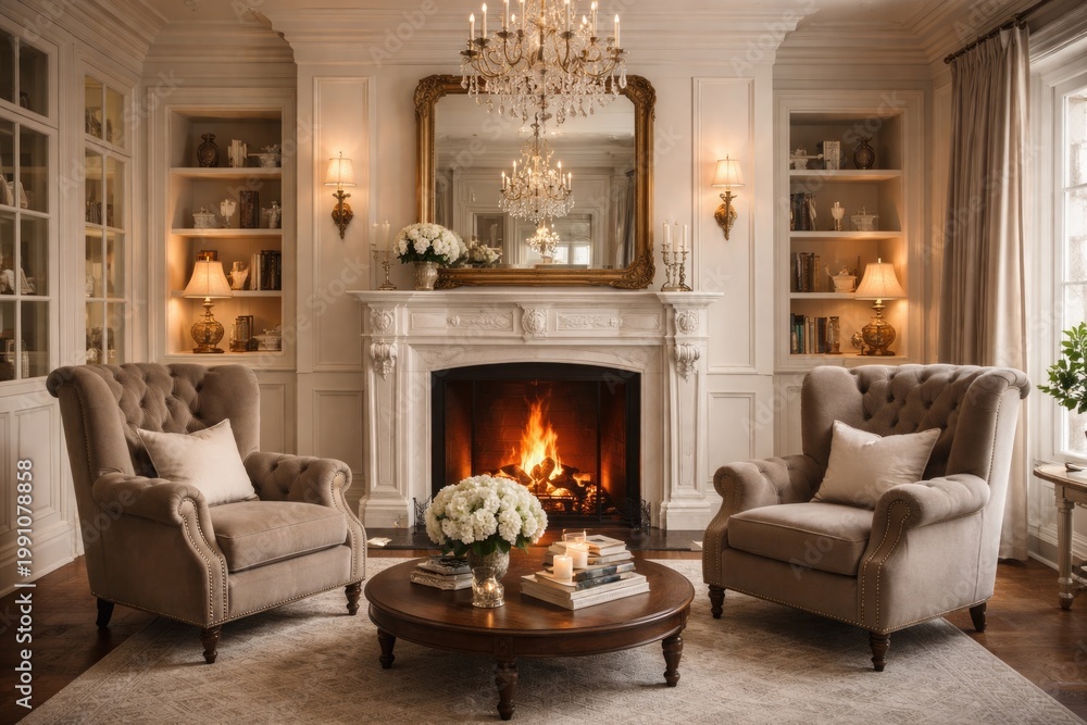Fototapeta premium Stylish living room design showcasing a classic fireplace and inviting armchairs