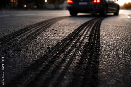 Fresh tire skid marks on dark asphalt after quick stop