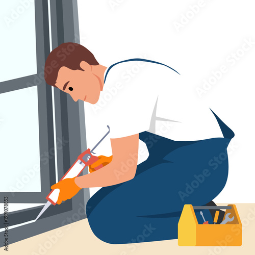 A skilled man focuses intently while using sealant tools to repair a window, showcasing craftsmanship and dedication to maintenance in a clean, bright space.