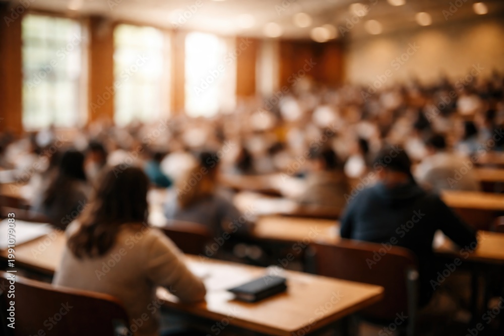 Fototapeta premium Artistic blurred background of academic hall with students for website wallpaper with copy space