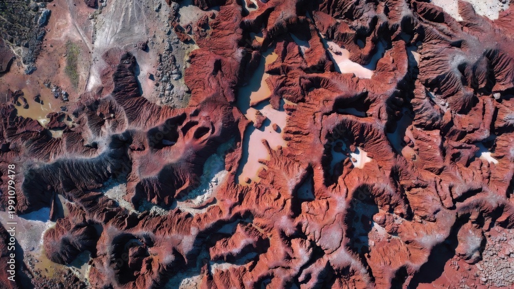 Fototapeta premium Aerial view of red, eroded earth with winding ravines