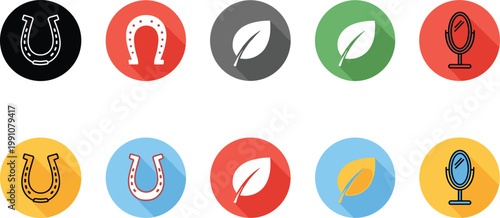 Icons Set Featuring Horseshoe, Leaf, and Mirror Symbols in Vibrant Colors for Luck, Nature, and Reflection Themes in Modern Graphic Design