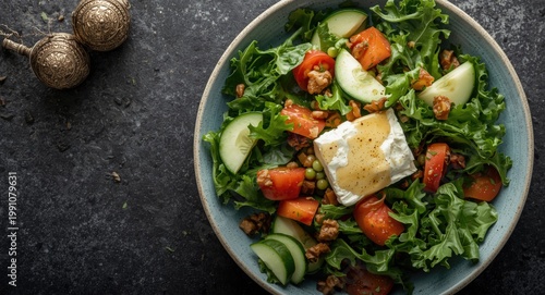 Top perspective of crisp vegetable salad with goat cheese cucumber and apple cider vinegar dressing including copy space