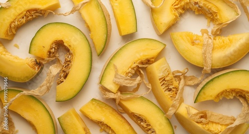 Sliced cantaloupe fruit set on a white background for food styling
