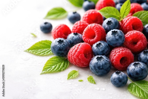 Fresh raspberries and blueberries alongside green leaves on bright white surface with copy space