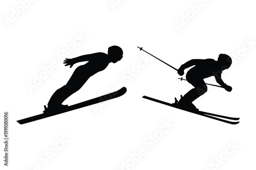 Ski jumpers silhouette illustrating skiing competition and sport with silhouette